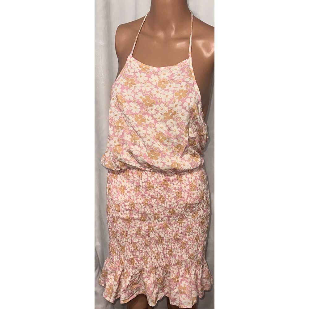 Beautiful Cotton Candy LA Pink Floral Halter Smock Mini Dress Size Medium Good C